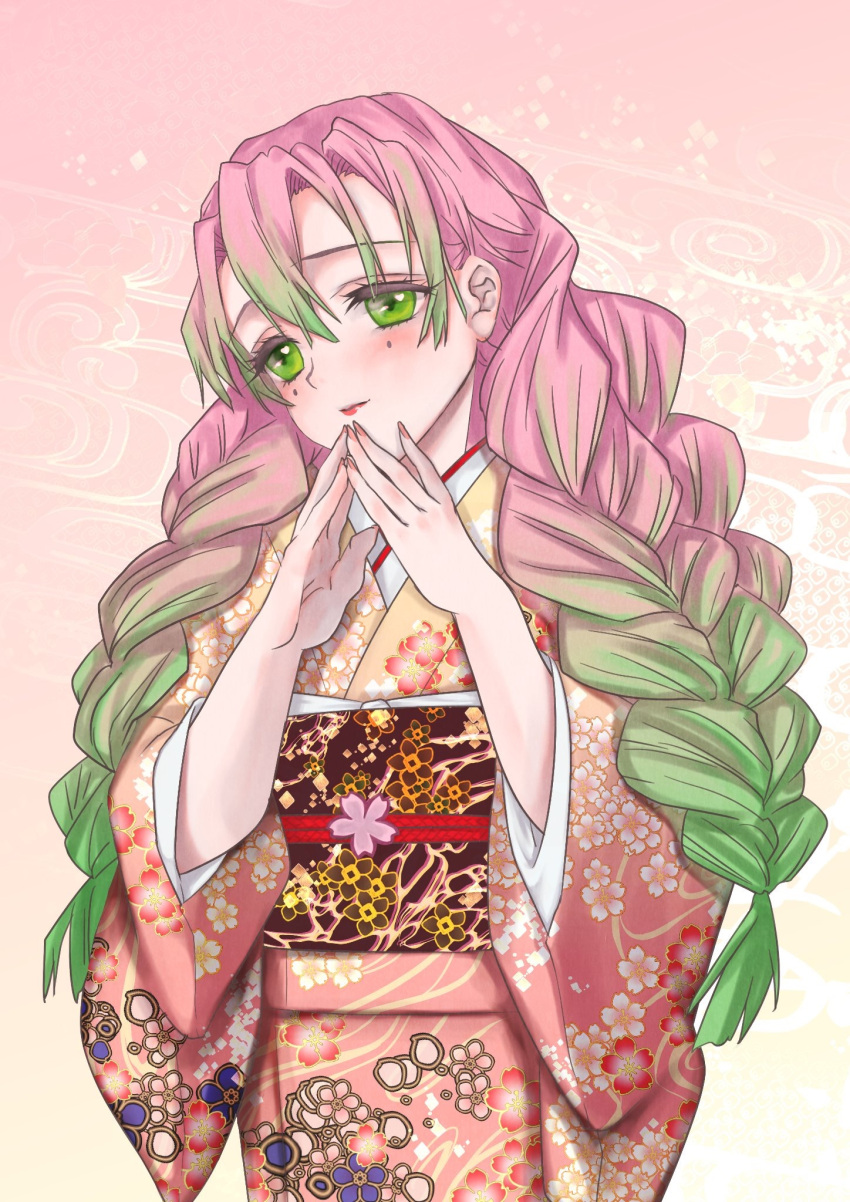 1girl 4t0ka_s breasts gradient_hair green_hair green_legwear hair_ornament haori highres japanese_clothes kanroji_mitsuri kimetsu_no_yaiba long_hair mole mole_under_eye multicolored_hair partially_unbuttoned pink_hair quad_braids ribbed_legwear tri_braids whip_sword