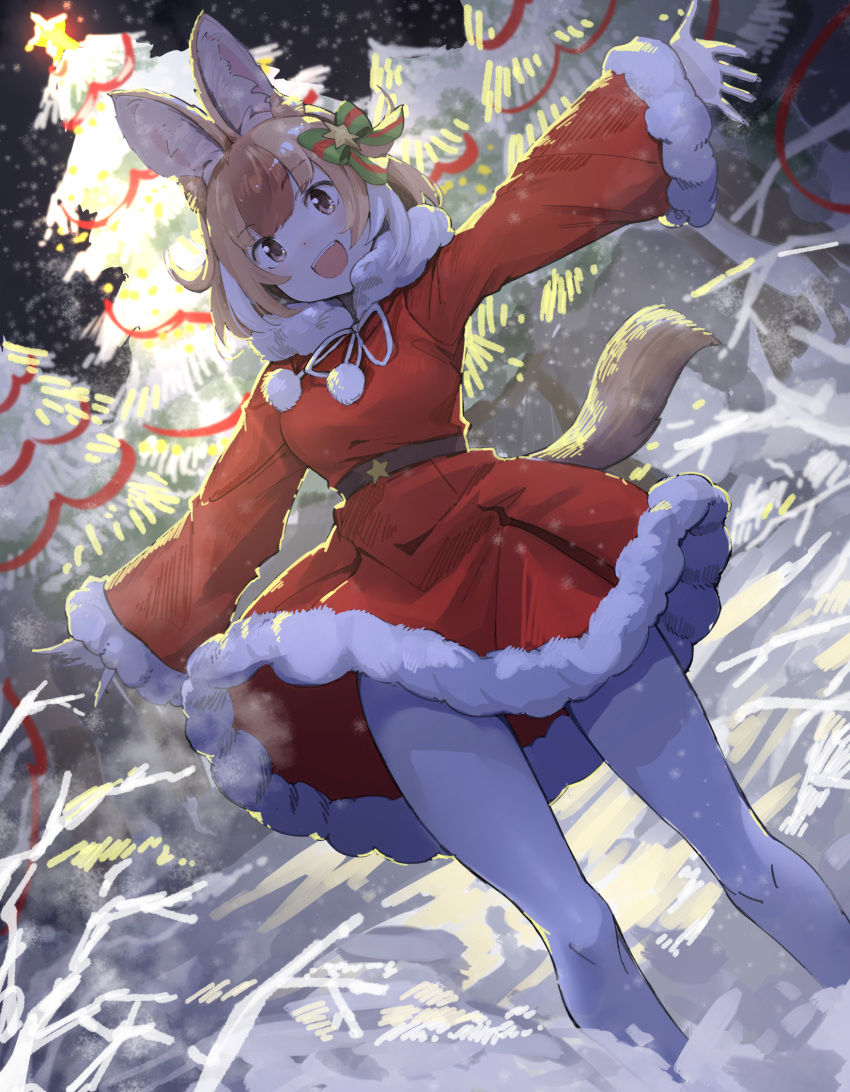 1girl alternate_costume animal_ears bow christmas christmas_lights christmas_ornaments christmas_tree coat commentary_request dhole_(kemono_friends) dog_ears dog_girl dog_tail eyebrows_visible_through_hair fangs fur_trim gloves green_bow hair_bow hair_ornament highres kemono_friends kemono_friends_3 koruse light_brown_eyes light_brown_hair long_sleeves multicolored_bow multicolored_hair neck_ribbon night open_mouth pantyhose red_bow red_coat ribbon santa_costume short_hair snow solo star star_hair_ornament tail white_gloves white_hair white_legwear