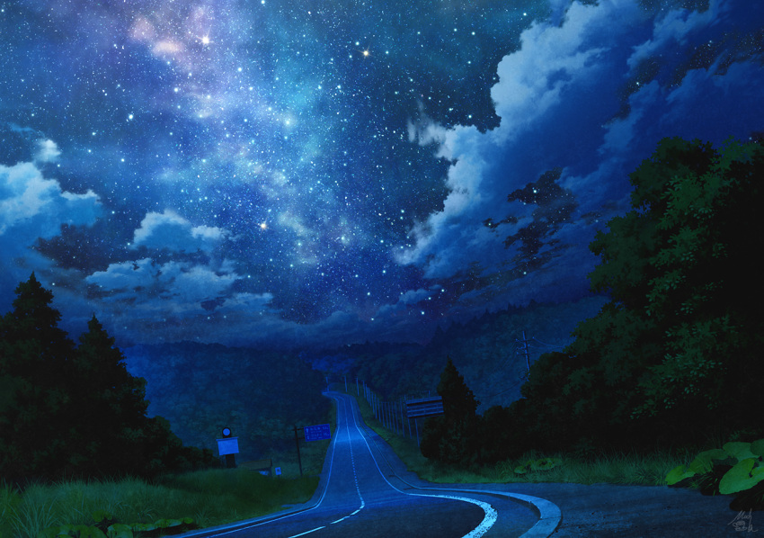 clouds commentary_request dutch_angle grass mocha_(cotton) night night_sky no_humans original outdoors power_lines road road_sign scenery sign signature sky star_(sky) starry_sky telephone_pole tree