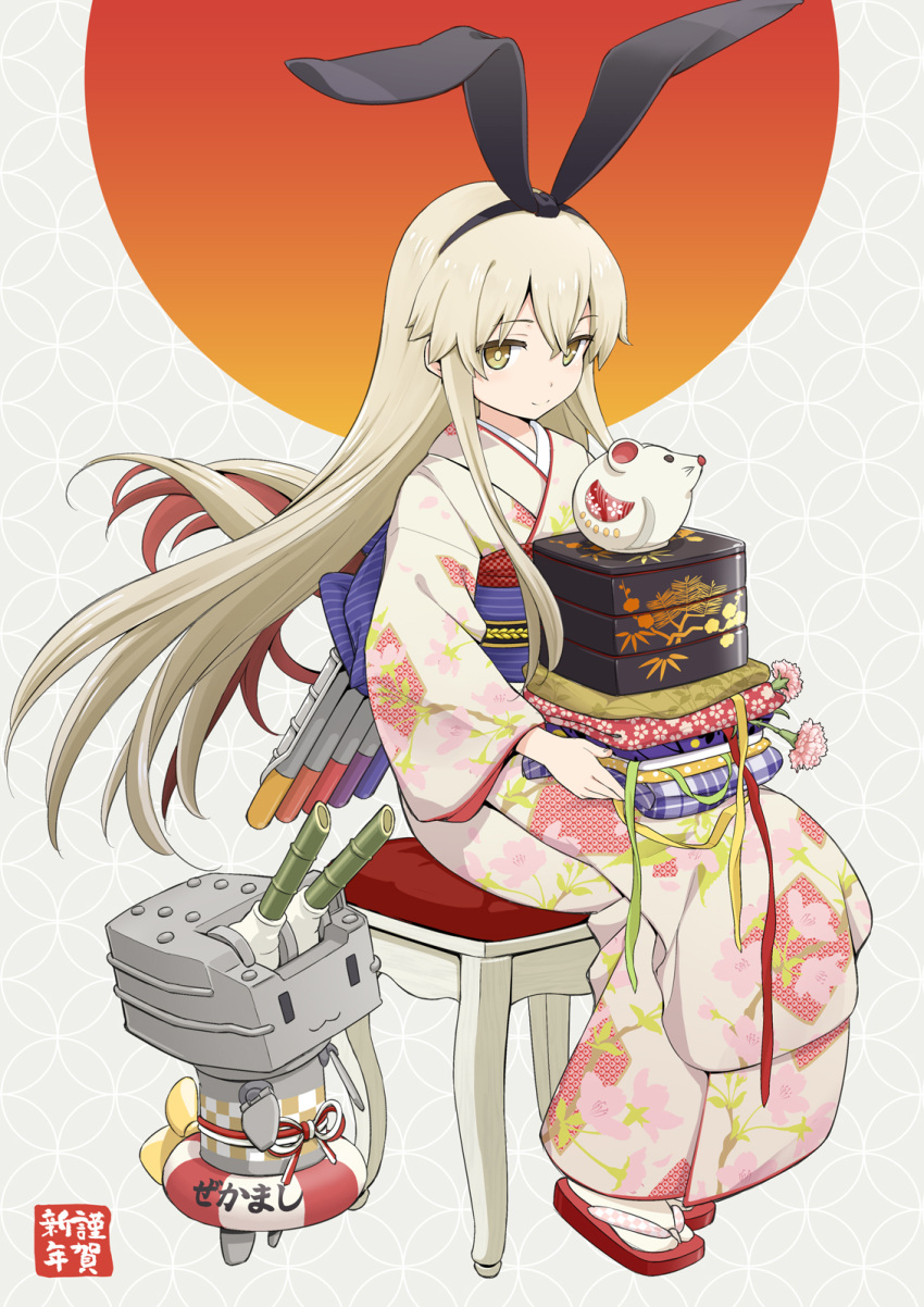 1girl aka_ringo bamboo bangs black_hairband black_ribbon blonde_hair blush commentary_request floating_hair floral_print full_body green_eyes hairband highres japanese_clothes kantai_collection kimono lifebuoy long_hair long_sleeves looking_at_viewer obi pink_kimono rensouhou-chan ribbon sandals sash shimakaze_(kantai_collection) sidelocks smile solo stool tabi torpedo_launcher turret wide_sleeves