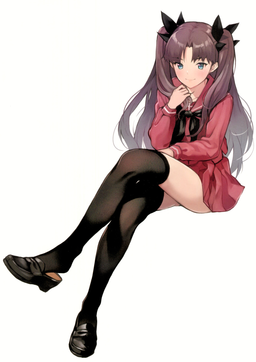 1girl absurdres bangs black_hair black_legwear blue_eyes closed_mouth crossed_legs doushimasho fate/stay_night fate_(series) full_body highres invisible_chair loafers looking_at_viewer red_serafuku scan school_uniform serafuku shoe_dangle shoes simple_background sitting solo thigh-highs tied_hair toosaka_rin two_side_up white_background zettai_ryouiki