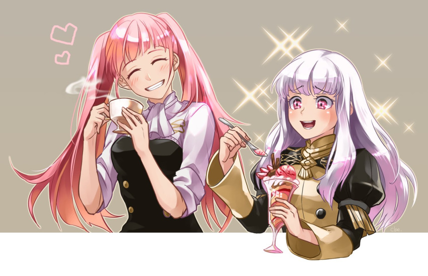 2girls cbe39373 closed_eyes cup eating fire_emblem fire_emblem:_three_houses garreg_mach_monastery_uniform grin hilda_valentine_goneril holding holding_cup holding_spoon long_hair long_sleeves lysithea_von_ordelia multiple_girls open_mouth pink_eyes pink_hair short_sleeves simple_background smile spoon teacup twintails uniform upper_body white_hair