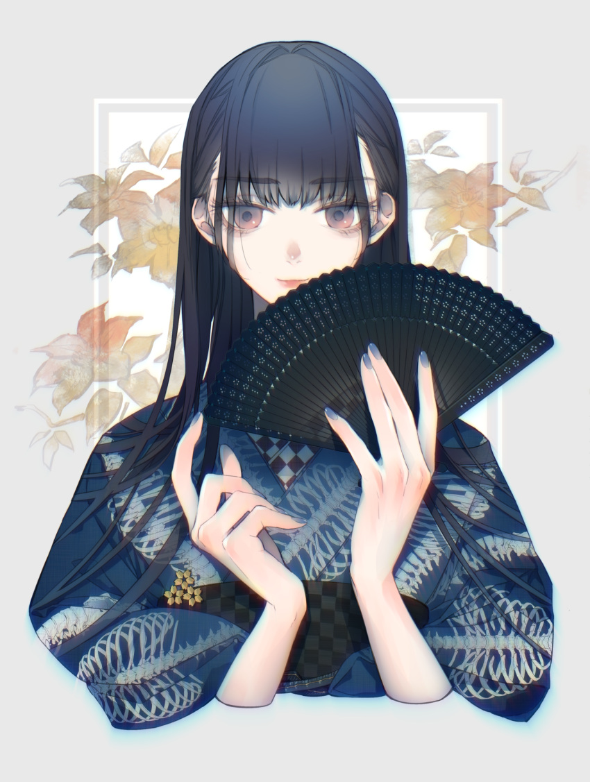 1girl bangs black_hair blue_kimono blue_nails checkered closed_mouth commentary_request cropped_arms cropped_torso eyebrows_visible_through_hair fan floral_background flower folding_fan highres holding holding_fan japanese_clothes kimono long_hair looking_at_viewer nail_polish obi original red_eyes sash skeleton_print smile solo tobacco_(tabakokobata) yellow_flower