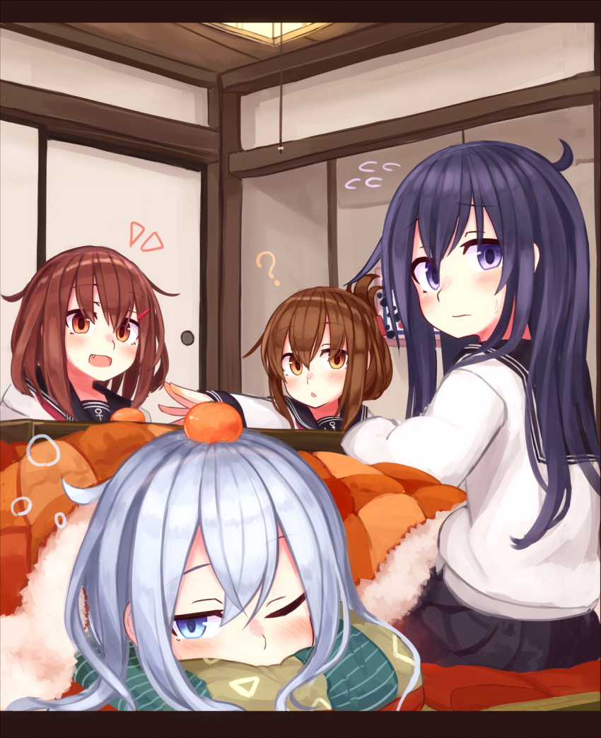 4girls :o akatsuki_(kantai_collection) anchor anchor_symbol bangs black_border blue_eyes blush border brown_eyes brown_hair closed_mouth commentary_request door eyebrows_visible_through_hair fang flying_sweatdrops folded_ponytail food food_on_head fruit fruit_on_head hair_between_eyes hair_ornament hairclip hibiki_(kantai_collection) highres ikazuchi_(kantai_collection) inazuma_(kantai_collection) indoors kantai_collection kotatsu long_hair long_sleeves lying multiple_girls object_on_head one_eye_closed open_mouth orange pleated_skirt ponytail purple_hair reitou_mikan sailor_collar school_uniform serafuku short_hair silver_hair sitting skirt sliding_doors sweat sweatdrop table violet_eyes