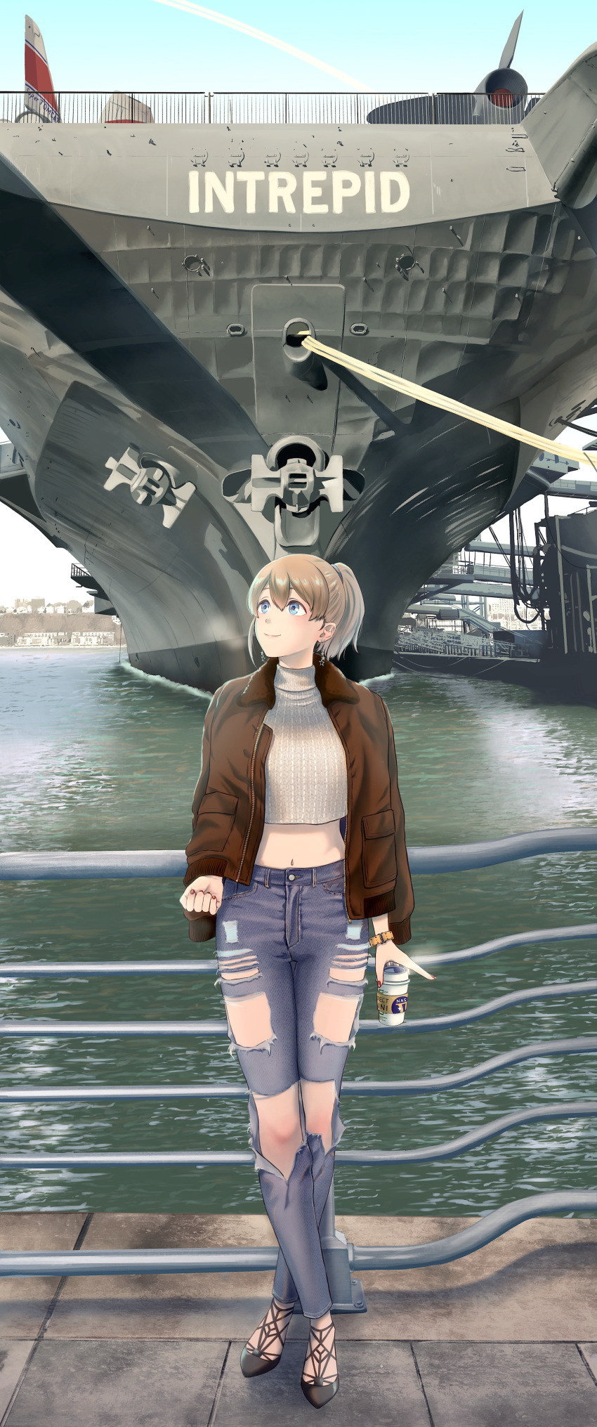 1girl absurdres aircraft_carrier bangs black_footwear blue_eyes blush breasts brown_hair brown_jacket casual closed_mouth crop_top crossed_legs cup denim earrings fur-trimmed_jacket fur_trim hair_between_eyes highres holding holding_cup intrepid_(kantai_collection) jacket jeans jewelry kantai_collection large_breasts looking_away looking_up midriff military military_vehicle mochimoumai navel new_york object_namesake open_clothes open_jacket pants pier ponytail railing red_nails river ship shirt short_hair smile solo star star_earrings tareme torn_clothes torn_jeans torn_pants turtleneck uss_intrepid_(cv-11) warship watercraft watson_cross wristband
