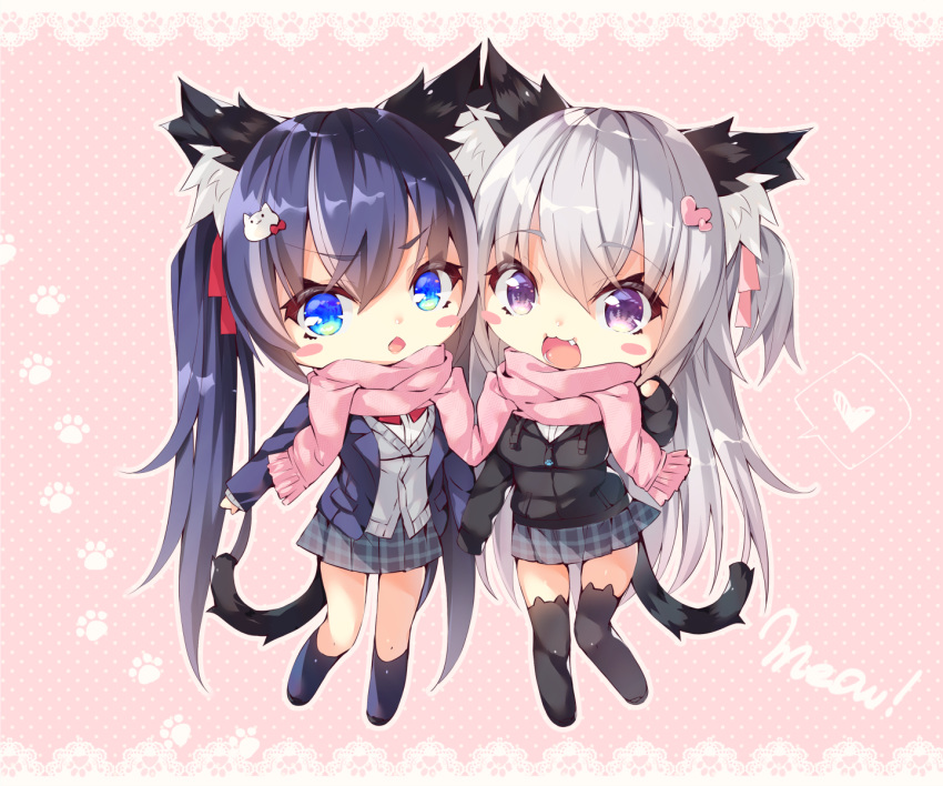 2girls :3 :d animal_band_legwear animal_ear_fluff animal_ears bangs black_footwear black_jacket black_legwear blazer blue_eyes blue_hair blue_jacket blue_legwear blush blush_stickers cardigan cat_band_legwear cat_ears cat_girl cat_hair_ornament cat_tail chibi commentary_request drawstring dress_shirt eyebrows_visible_through_hair fang fringe_trim grey_cardigan grey_skirt hair_between_eyes hair_ornament hair_ribbon heart heart_hair_ornament highres jacket kneehighs loafers long_hair long_sleeves multiple_girls ooji_cha open_blazer open_clothes open_jacket open_mouth original oziko_(ooji_cha) pink_background pink_ribbon pink_scarf pleated_skirt polka_dot polka_dot_background red_ribbon ribbon scarf shared_scarf shirt shoes silver_hair skirt smile spoken_heart tail thigh-highs twintails two_side_up very_long_hair violet_eyes white_shirt