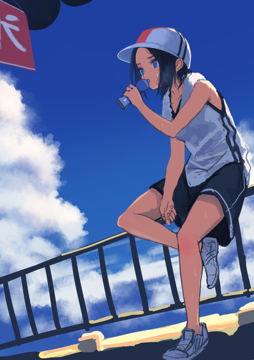 1girl baseball_cap black_hair blue_eyes bottle drinking hat highres hot original outdoors railing short_hair sky solo sweat towel towel_around_neck window1228