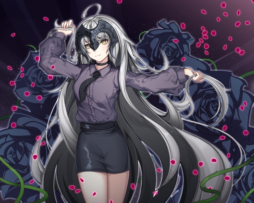 1girl ahoge bangs black_flower black_rose black_skirt blush breasts commentary_request eyebrows_visible_through_hair fate/grand_order fate_(series) floral_background flower grey_hair grey_shirt headpiece highres holding holding_hair jeanne_d'arc_(alter)_(fate) jeanne_d'arc_(fate)_(all) large_breasts long_hair looking_at_viewer oguri_(pixiv25574366) pencil_skirt rose shirt silver_hair skirt smile solo thorns yellow_eyes