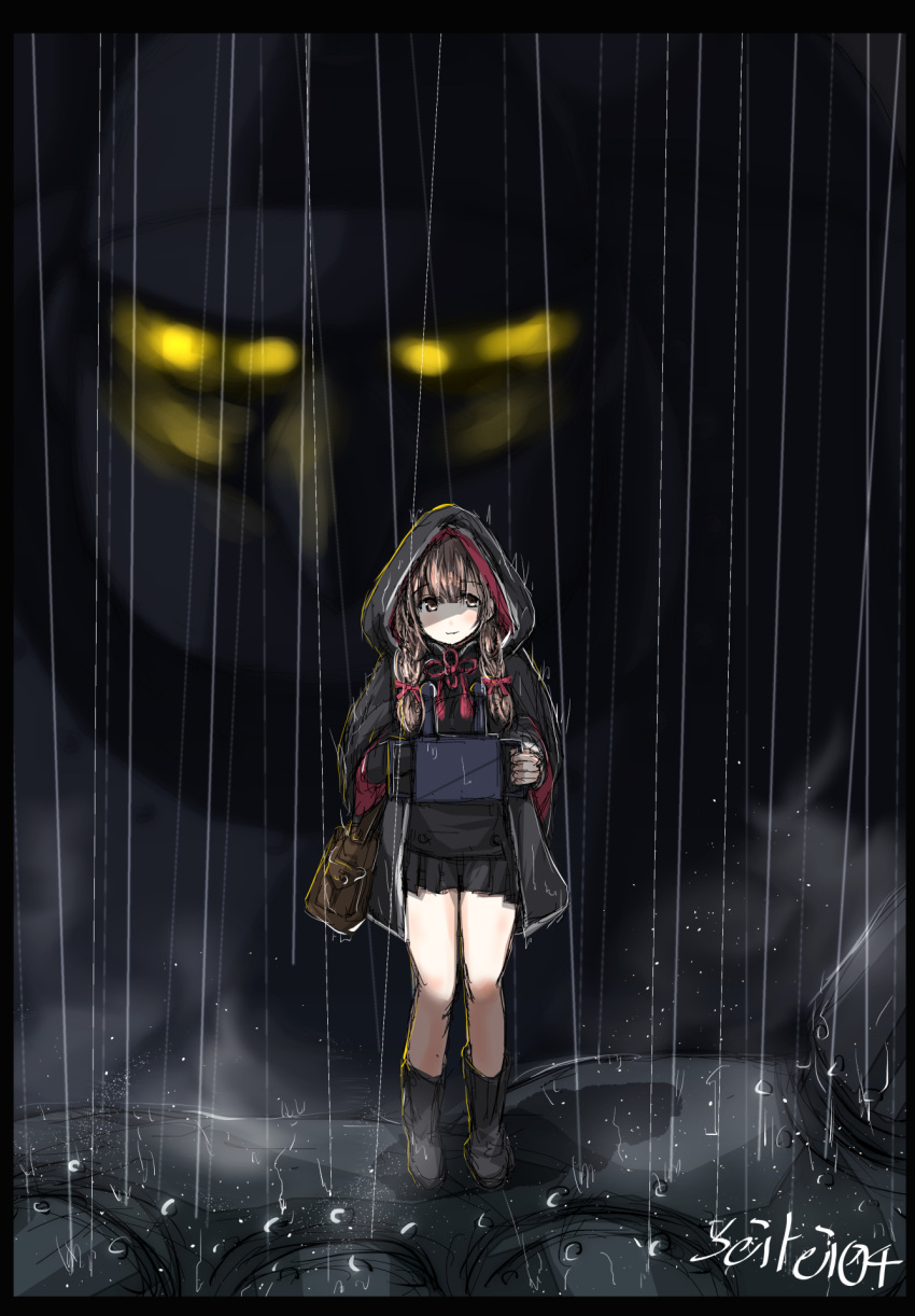 1girl bag bangs black_footwear black_skirt blush boots braid brown_hair capelet closed_mouth commentary_request crossover highres holding hood hood_up hooded_capelet kantai_collection long_hair long_sleeves mecha pleated_skirt rain seitei_(04seitei) shinshuu_maru_(kantai_collection) skirt standing tetsujin_28 tetsujin_28-gou twin_braids