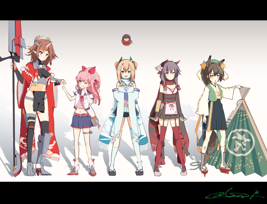 5girls animal_ears ankle_socks azur_lane bag black_dress black_hair black_legwear blue_skirt boots bow braid breasts brown_hair camisole candy commentary detached_sleeves dress english_commentary fan flat_chest flower folding_fan food garter_straps ghost_in_the_shell_lineup hair_bow hair_flower hair_ornament handbag high_heel_boots high_heels highres hip_vent horns japanese_clothes kimono kneehighs kuroshio_(azur_lane) letterboxed lineup lollipop manjuu_(azur_lane) matsukaze_(azur_lane) medium_breasts midriff miko miniskirt mogami_(azur_lane) multiple_girls naginata navel odd_one_out oyashio_(azur_lane) paper_fan parody pink_hair polearm radford_(azur_lane) red_legwear sanagi_(ajtoekaki64166329) scarf shadow short_sleeves signature skirt small_breasts thigh-highs thigh_strap twin_braids under_boob weapon white_legwear x_hair_ornament