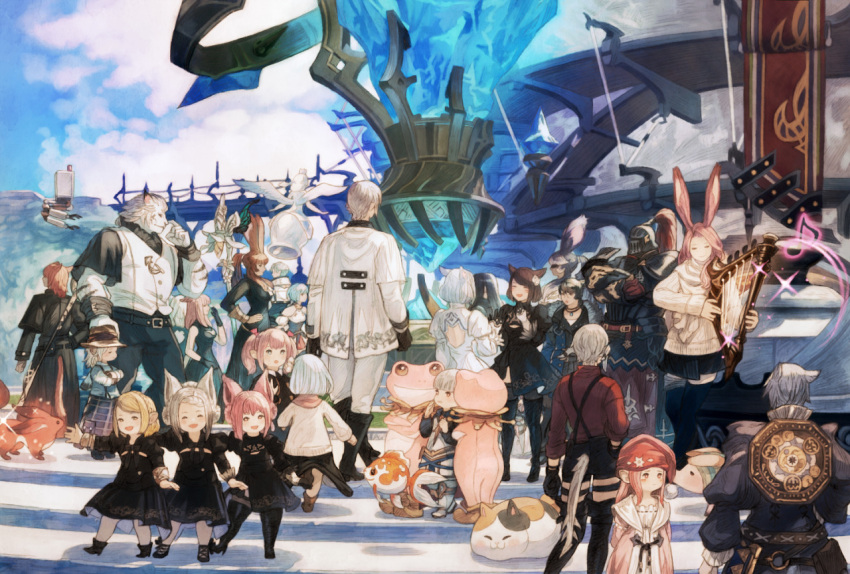 6+boys 6+girls :d animal_costume animal_ears armor astrologian_(final_fantasy) au_ra bard_(final_fantasy) bell black_dress black_footwear blonde_hair blue_sky blush_stickers bow bridge brown_hair carbuncle_(final_fantasy) cat cat_ears closed_eyes clouds commentary_request cosplay day dragon_horns dragon_tail dress elezen elf fat_cat_(ff14) final_fantasy final_fantasy_xiv fish flying_fish frog_costume gloves goldfish hair_bow harp hat helmet holding holding_instrument horns hrothgar instrument lalafell limsa_lominsa long_hair long_sleeves maekakekamen miqo'te multiple_boys multiple_girls music musical_note nier_(series) nier_automata open_mouth outdoors pants pig pink_hair playing_instrument pod_(nier_automata) pointy_ears pom_pom_(clothes) rabbit_ears shirt shoes short_hair shorts silver_hair sky smile sparkle staff sweater tail twintails viera white_dress white_hair yorha_no._2_type_b yorha_no._2_type_b_(cosplay)