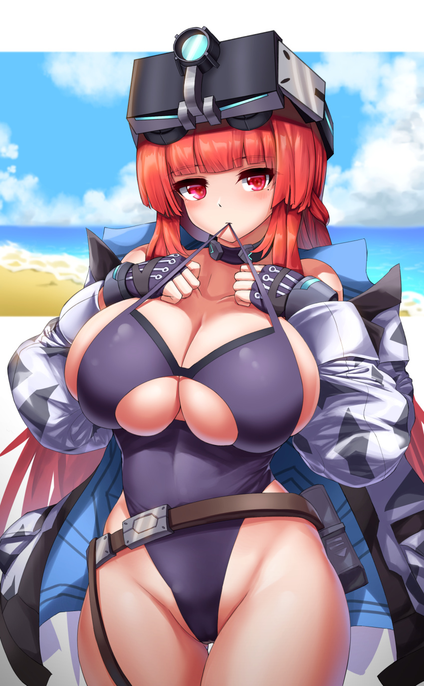 1girl absurdres bangs beach belt blunt_bangs blush breasts cleavage_cutout clouds collar eyebrows_visible_through_hair fingerless_gloves gloves goggles goggles_on_head highres huge_breasts kkumdol last_origin leotard looking_at_viewer mole mole_under_eye outdoors redhead sand sidelocks sky solo t-3_leprechaun wide_hips