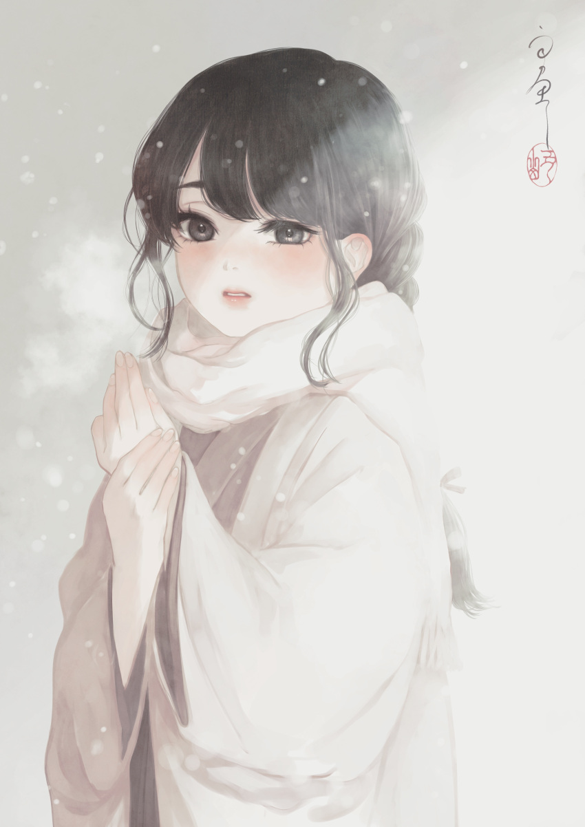 1girl absurdres bangs black_eyes black_hair blush braid braided_ponytail breath commentary_request highres japanese_clothes kimono long_hair long_sleeves looking_at_viewer original parted_lips single_braid snowing solo uneven_eyes upper_body ushiyama_ame warming_hands wavy_hair white_kimono winter