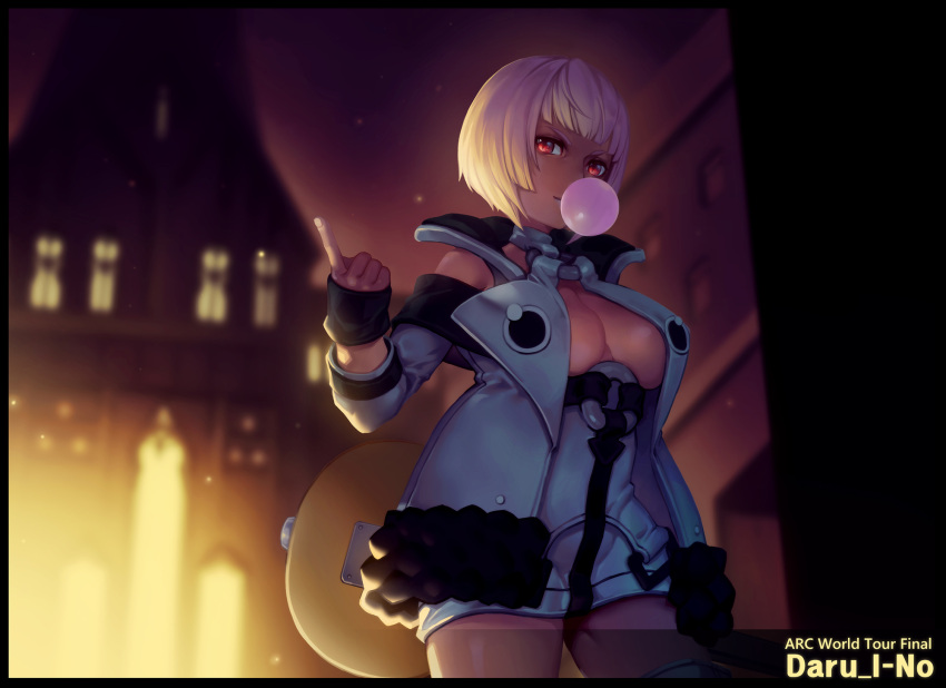 1girl alternate_color alternate_hair_color alternate_skin_color bangs breasts bubble_blowing chewing_gum commentary_request dark_skin daru_(gamer) dress electric_guitar guilty_gear guilty_gear_xrd guitar highres i-no instrument k1_(erin22) large_breasts night no_bra no_hat no_headwear o-ring red_eyes short_dress solo thigh-highs thighs white_dress white_legwear zettai_ryouiki