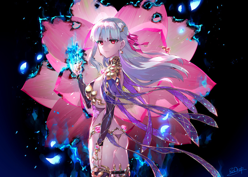 1girl armor artist_name ass back bangs bikini_armor black_background blue_fire breasts circlet closed_mouth detached_sleeves dress earrings fate/grand_order fate_(series) fire flower hair_ribbon highres jewelry kama_(fate/grand_order) large_breasts long_hair looking_at_viewer lotus pauldrons petals pink_ribbon purple_dress purple_legwear purple_sleeves red_eyes redrop revealing_clothes ribbon signature silver_hair solo thigh-highs thigh_strap thighlet