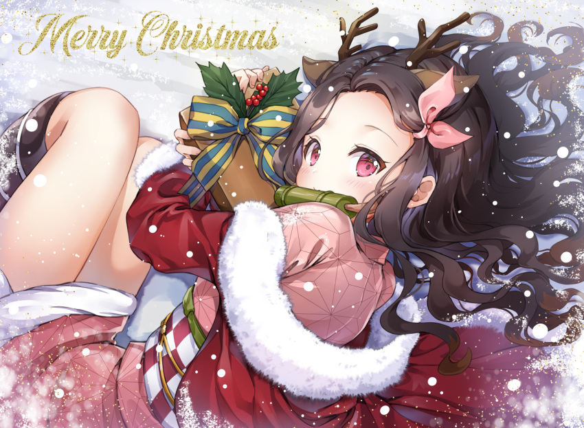 1girl animal_ears antlers bit_gag black_hair blush bow box brown_hair checkered coat commentary_request forehead fur-trimmed_coat fur_trim gag gagged gift gift_box hair_ribbon holly japanese_clothes kamado_nezuko kimetsu_no_yaiba kimono long_hair looking_at_viewer lying melings_(aot2846) multicolored_hair obi object_hug off_shoulder on_side pink_kimono pink_ribbon red_coat reindeer_antlers reindeer_ears ribbon sash snow snowing solo striped striped_bow two-tone_hair violet_eyes wavy_hair