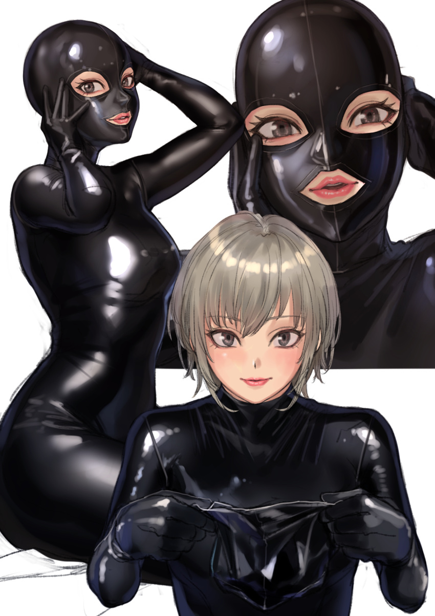 1girl blush bodysuit brown_eyes brown_hair eyebrows_visible_through_hair gimp_mask gimp_suit highres kilye_4421 latex latex_bodysuit looking_at_viewer original parted_lips shiny shiny_clothes short_hair skin_tight smile solo