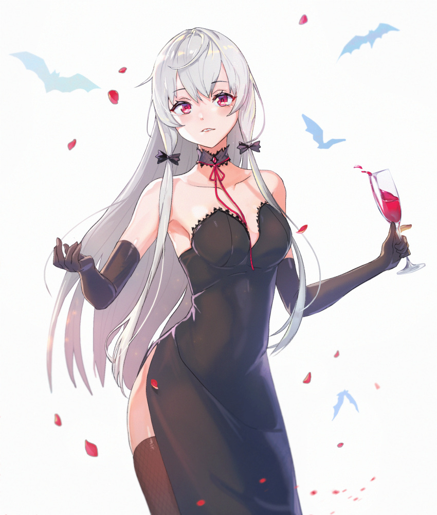 1girl bangs black_bow black_dress black_gloves black_legwear blush bow choker collarbone cup dress drinking_glass elbow_gloves evening_gown eyebrows_visible_through_hair gloves hair_bow highres holding holding_cup killy_doodle long_hair looking_at_viewer older parted_lips red_eyes side_slit silver_hair sleeveless sleeveless_dress solo sophie_twilight standing strapless strapless_dress thigh-highs tonari_no_kyuuketsuki-san very_long_hair white_background wine_glass