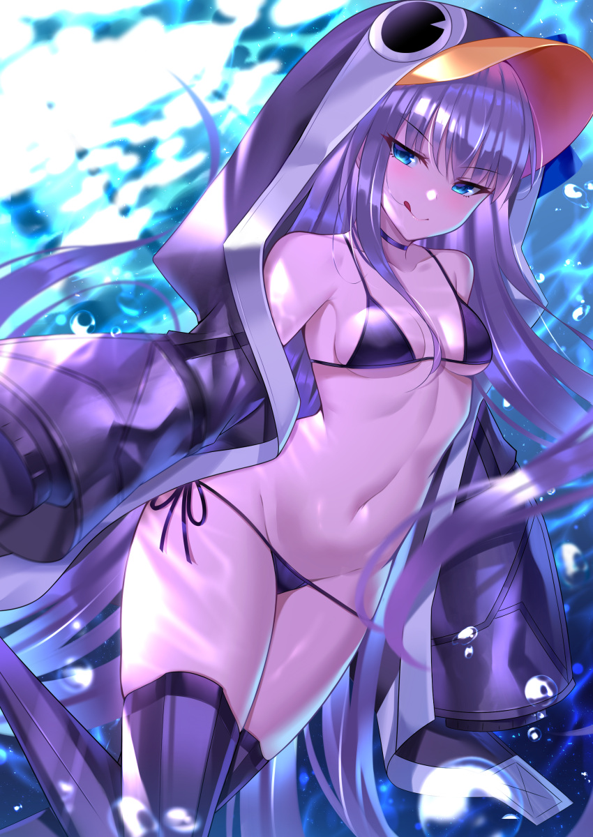 1girl :q absurdres air_bubble animal_costume bangs bare_shoulders bikini black_fire_(peter02713) blue_eyes blush boots breasts bubble choker closed_mouth collarbone eyebrows_visible_through_hair fate/grand_order fate_(series) groin highres long_hair long_sleeves looking_at_viewer lowleg lowleg_bikini medium_breasts meltryllis meltryllis_(swimsuit_lancer)_(fate) navel open_clothes penguin_costume purple_bikini purple_choker purple_footwear purple_hair purple_ribbon ribbon side-tie_bikini sideboob smile solo stomach swimsuit thigh-highs thigh_boots thighs tongue tongue_out underwater very_long_hair