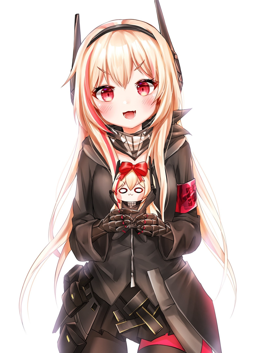 :3 armband black_skirt blonde_hair blush commentary_request doll eyebrows_visible_through_hair fang gauntlets girls_frontline gloves hair_between_eyes hair_ribbon headgear highres holding holding_doll honyang jacket korean_text long_hair looking_at_viewer m4_sopmod_ii_(girls_frontline) m4_sopmod_ii_jr multicolored_hair o_o open_mouth pantyhose red_eyes red_ribbon redhead ribbon scarf sidelocks skirt streaked_hair white_background