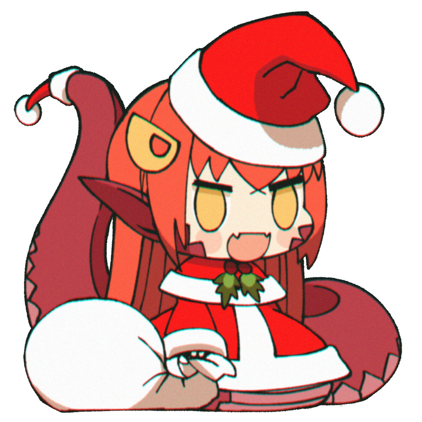 1girl :d blush_stickers chibi christmas commentary english_commentary fangs hair_ornament hairclip hat highres lamia loen-lapae long_hair long_sleeves meme miia_(monster_musume) monster_girl monster_musume_no_iru_nichijou open_mouth padoru pointy_ears red_headwear redhead sack santa_costume santa_hat simple_background skin_fangs smile solo standing tail white_background yellow_eyes