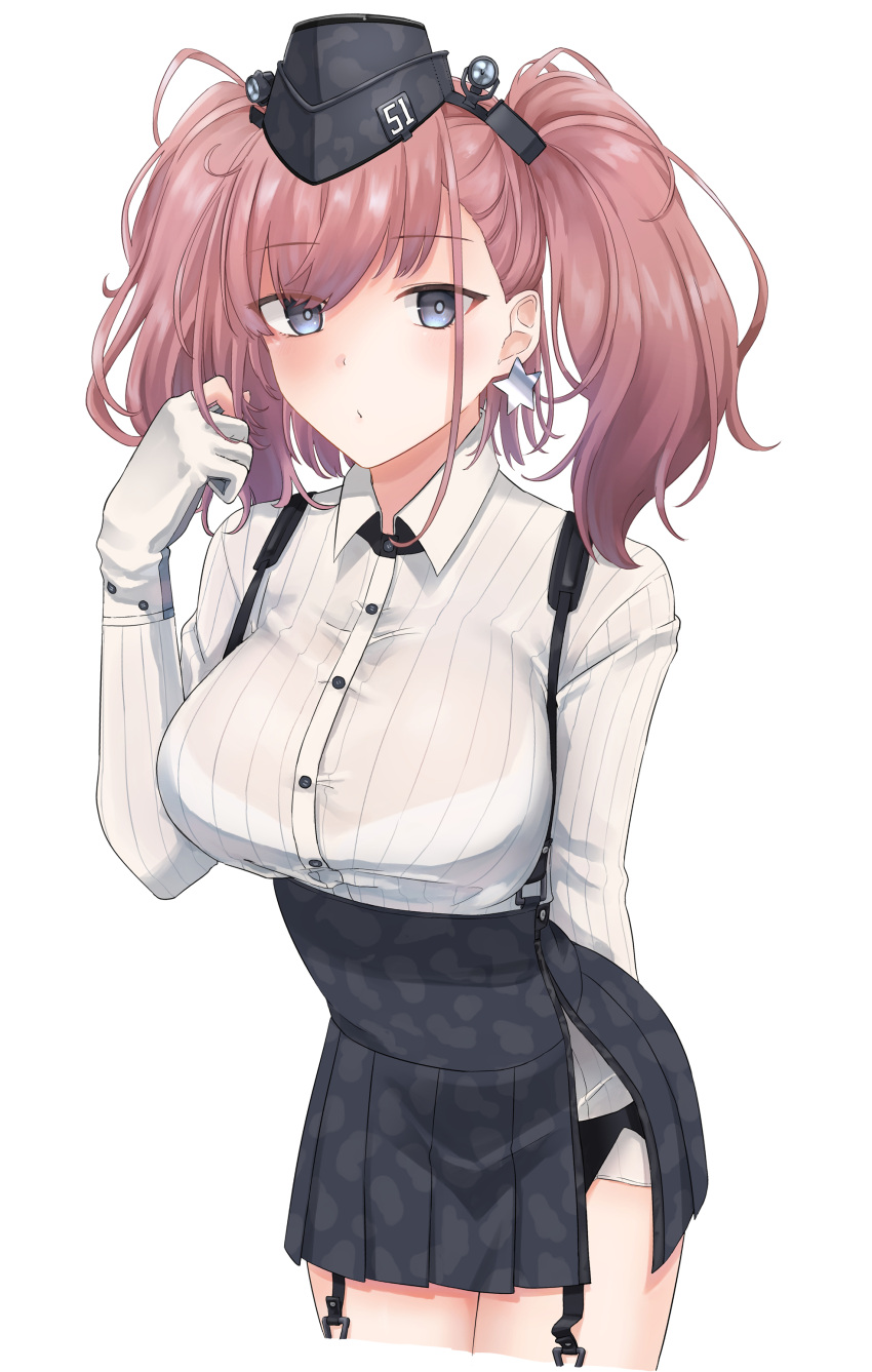 1girl absurdres atlanta_(kantai_collection) blush bra_through_clothes breasts brown_hair buttons camouflage collared_shirt cropped_legs earrings eyebrows_visible_through_hair garrison_cap garter_straps gloves grey_eyes hat headgear highres jewelry kantai_collection large_breasts long_sleeves partly_fingerless_gloves playing_with_own_hair shirt simple_background skirt solo star star_earrings suspender_skirt suspenders tsukimura_(d24f4z8j3t) twintails white_background white_gloves