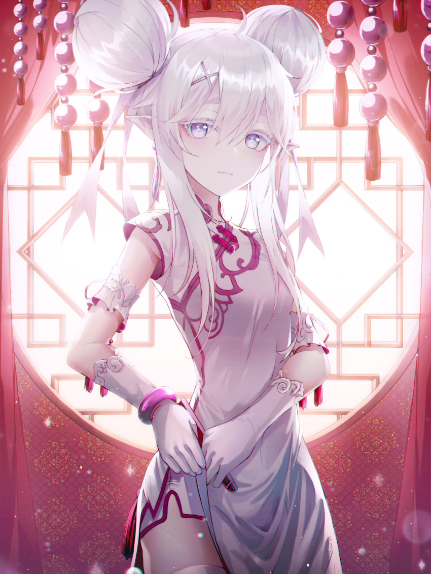 1girl absurdres bangle bangs blush bracelet breasts china_dress chinese_clothes closed_mouth cowboy_shot detached_sleeves diamond-shaped_pupils double_bun dragon_girl dress eyebrows_visible_through_hair fan folding_fan gloves hair_ornament highres holding holding_fan indoors jewelry long_hair looking_at_viewer okazu_(eightstudio) original pointy_ears side_slit sidelocks silver_hair small_breasts solo symbol-shaped_pupils violet_eyes white_dress white_gloves window x_hair_ornament