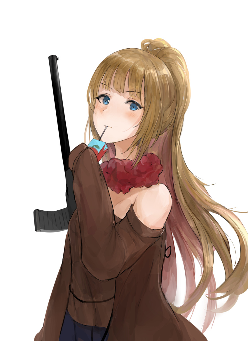 1girl bangs bare_shoulders blue_eyes blush brown_hair brown_sweater chan1moon commentary highres holding long_sleeves looking_at_viewer original ponytail simple_background sleeves_past_fingers sleeves_past_wrists solo sweater white_background