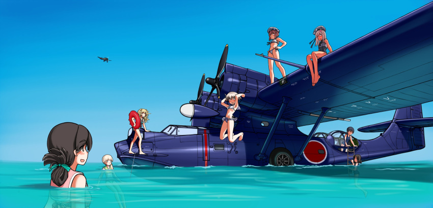 6+girls aircraft aircraft_request airplane bikini black_hair blonde_hair blue_headwear blue_sky blue_swimsuit brown_hair commentary_request daitou_(kantai_collection) day dress enemy_lifebuoy_(kantai_collection) flying_boat folded_ponytail gambier_bay_(kantai_collection) gradient_sky green_bikini hat hiburi_(kantai_collection) highres innertube kantai_collection kasuga_maru_(kantai_collection) long_hair multiple_girls outdoors pink_bikini porusasu sailor_bikini sailor_collar sailor_dress sailor_hat school_swimsuit shin'you_(kantai_collection) shinkaisei-kan short_hair silver_hair sky swimsuit water white_bikini white_headwear white_sailor_collar z1_leberecht_maass_(kantai_collection) z3_max_schultz_(kantai_collection)