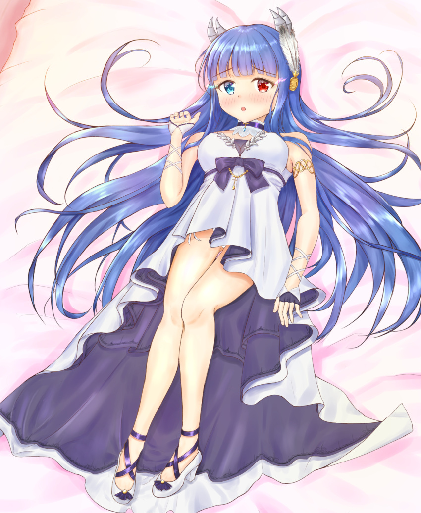 1girl aomi_one armlet azur_lane bare_shoulders bed_sheet blue_eyes blue_hair blush breasts choker commentary_request dress eyebrows_visible_through_hair feather_hair_ornament fingerless_gloves gloves heterochromia highres horns ibuki_(azur_lane) knees_together_feet_apart long_hair looking_at_viewer lying medium_breasts on_back open_mouth pumps red_eyes solo strapless strapless_dress very_long_hair white_dress white_legwear