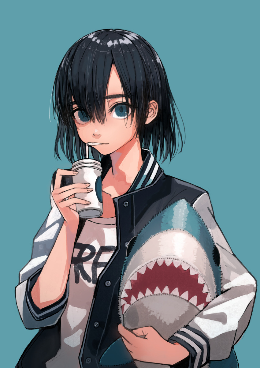 1girl absurdres black_hair drinking drinking_straw highres holding ikea_shark jacket letterman_jacket original short_hair simple_background solo stuffed_animal stuffed_shark stuffed_toy window1228