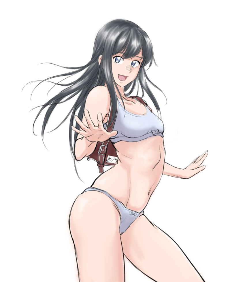 1girl absurdres asashio_(kantai_collection) backpack bag black_hair blue_eyes bra breasts collarbone commentary_request contrapposto cowboy_shot grey_bra grey_panties highres kantai_collection long_hair navel open_mouth panties randoseru simple_background small_breasts smile solo sozan sports_bra standing underwear white_background