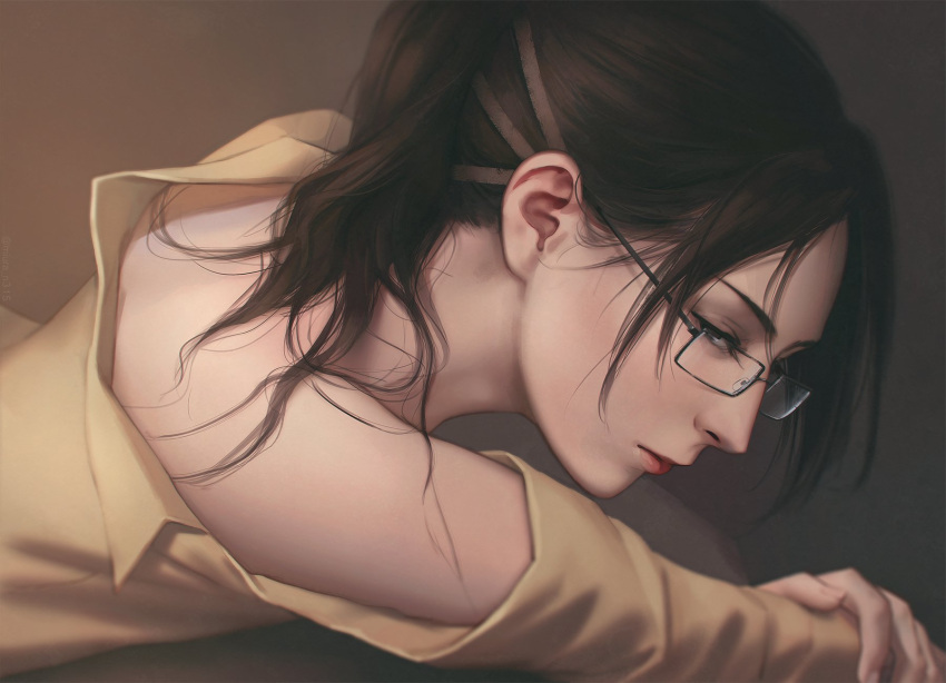 1girl bangs brown_background brown_eyes brown_hair close-up closed_mouth face glasses hange_zoe highres lips looking_at_viewer lying miura-n315 on_side shingeki_no_kyojin short_hair solo upper_body