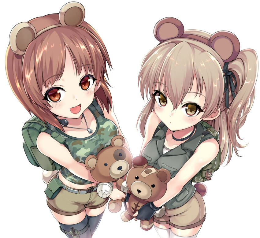 2girls animal_ears backpack bag bandages bandaid bangs bear_ears bear_tail belt black_choker black_gloves black_legwear black_ribbon boko_(girls_und_panzer) brown_eyes brown_hair brown_shorts camouflage camouflage_shirt carrying choker closed_mouth commentary dog_tags eyebrows_visible_through_hair fake_animal_ears fake_tail fingerless_gloves girls_und_panzer gloves green_shirt grey_belt grey_jacket hair_ribbon highres holding holding_stuffed_animal jacket kasai_shin light_blush light_brown_hair long_hair looking_at_viewer midriff multiple_girls navel nishizumi_miho one_side_up open_mouth pouch ribbon shimada_arisu shirt short_hair short_shorts shorts simple_background sleeveless sleeveless_jacket smile standing stuffed_animal stuffed_toy symbol_commentary tail tank_top teddy_bear thigh-highs thigh_strap throat_microphone white_background white_legwear white_shirt