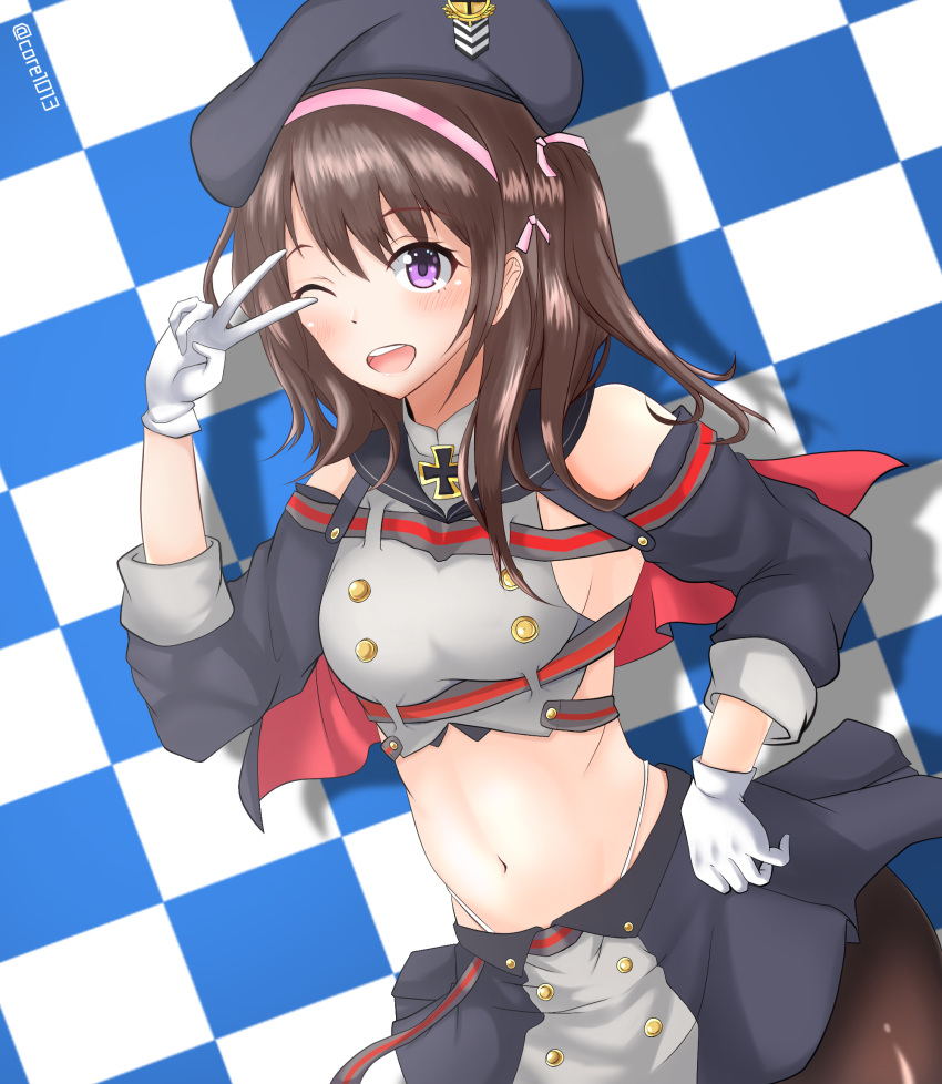 1girl ;d arm_up azur_lane bangs beret black_legwear black_skirt blush breasts brown_hair checkered checkered_background commentary_request core1013 cowboy_shot dutch_angle eyebrows_visible_through_hair gloves grey_shirt hair_ribbon hairband hat highres iron_cross long_hair long_sleeves looking_at_viewer medium_breasts midriff navel one_eye_closed open_mouth pantyhose pink_headwear pleated_skirt ribbon sailor_collar shadow shirt shoulder_cutout sideboob sidelocks skirt sleeveless sleeveless_shirt smile solo twitter_username two_side_up upper_teeth v violet_eyes white_gloves z35_(azur_lane)