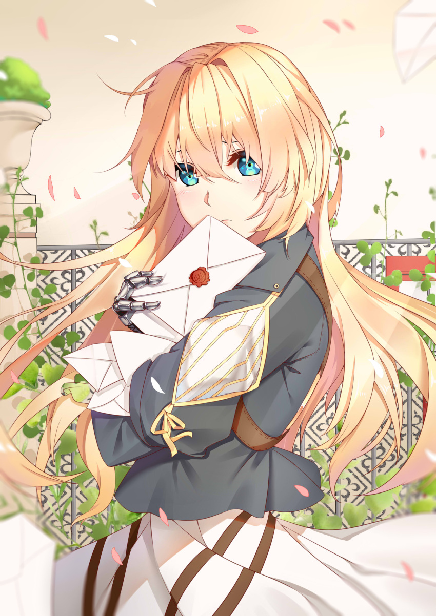 1girl absurdres bangs blonde_hair blue_eyes blush closed_mouth commentary dress envelope from_side frown hair_between_eyes highres holding holding_letter letter long_sleeves looking_at_viewer mechanical mechanical_arm painttool_sai petals puffy_long_sleeves puffy_sleeves skirt solo standing upper_body violet_evergarden violet_evergarden_(character) yiyu_qing_mang