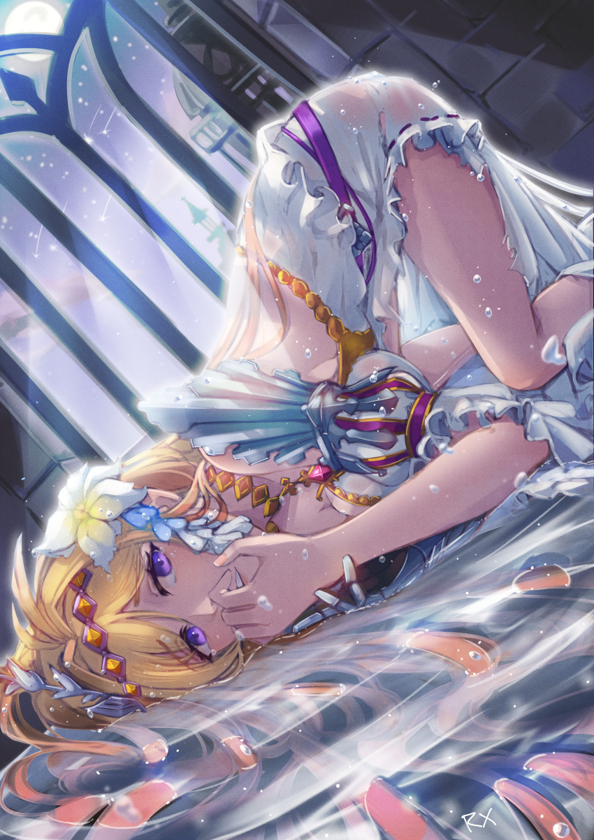 1girl absurdres angruoxin blonde_hair detached_sleeves diadem flower gauntlets granblue_fantasy hair_intakes hair_ornament highres huge_filesize jeanne_d'arc_(granblue_fantasy) long_hair nightgown partially_submerged see-through shooting_star solo top-down_bottom-up violet_eyes white_flower window