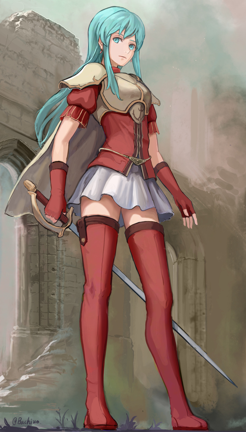 1girl absurdres blue_eyes blue_hair boots breastplate closed_mouth earrings eirika_(fire_emblem) elbow_gloves fingerless_gloves fire_emblem fire_emblem:_the_sacred_stones full_body gloves highres holding holding_sword holding_weapon jewelry long_hair miniskirt outdoors pleated_skirt red_footwear red_gloves red_shirt saber_(weapon) samohichi shirt short_sleeves shoulder_armor signature skirt solo spaulders standing straight_hair sword thigh-highs thigh_boots very_long_hair weapon white_skirt zettai_ryouiki