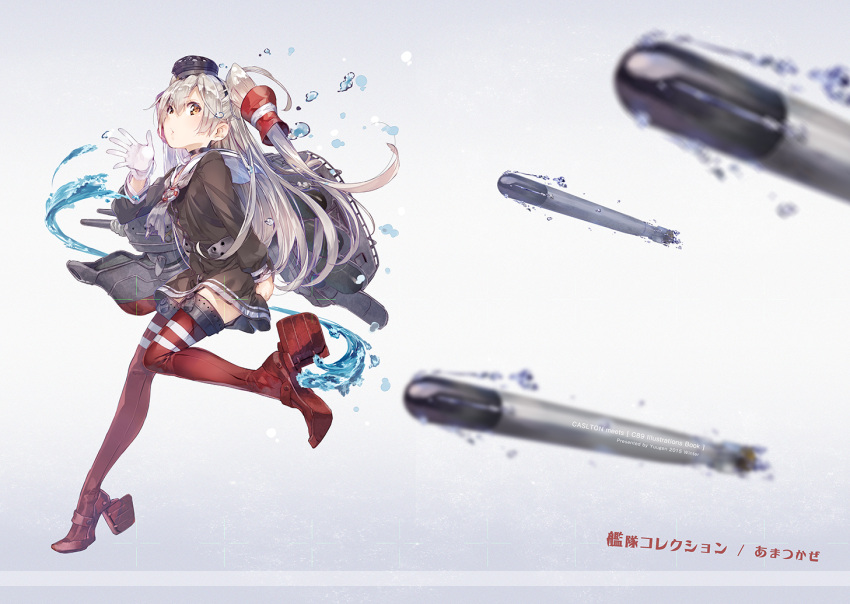 1girl amatsukaze_(kantai_collection) blurry brown_dress character_name copyright_name depth_of_field dress garter_straps gloves hair_tubes hat kantai_collection long_hair mini_hat red_legwear rudder_footwear sailor_dress short_dress silver_hair single_glove smokestack_hair_ornament solo striped striped_legwear thigh-highs torpedo two_side_up windsock yuugen