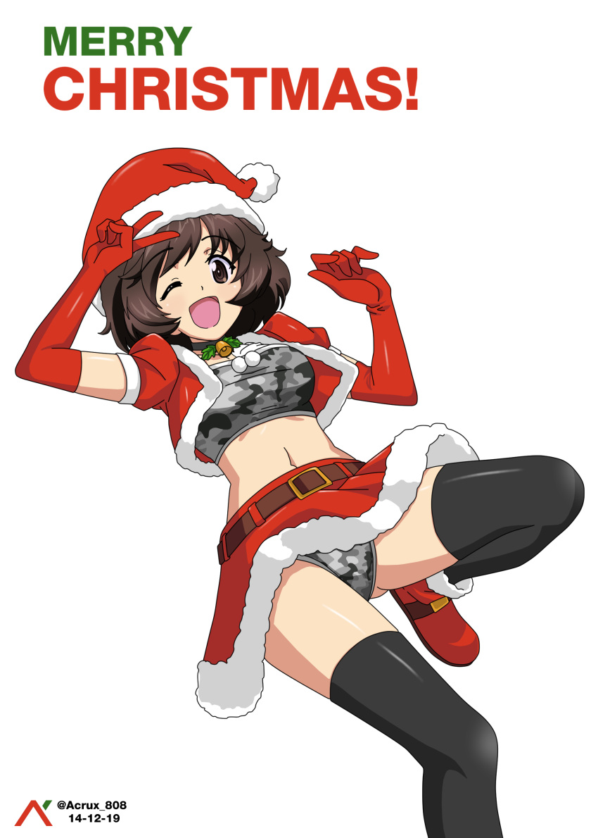 1girl absurdres acrux akiyama_yukari artist_name bell bell_collar black_legwear blush bra breasts brown_hair camouflage camouflage_bra camouflage_panties christmas collar elbow_gloves eyebrows_visible_through_hair girls_und_panzer gloves hat highres looking_at_viewer medium_breasts midriff miniskirt navel one_eye_closed open_mouth panties red_gloves santa_hat shiny shiny_hair short_hair simple_background skirt smile solo thigh-highs underwear v white_background