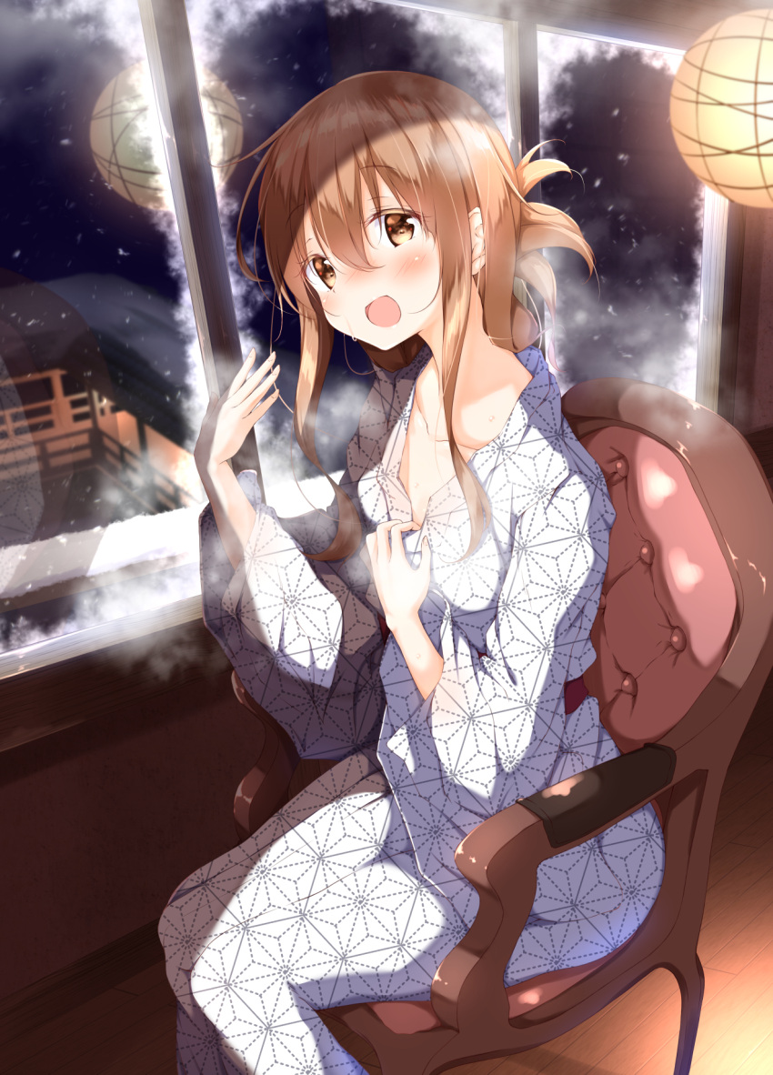 1girl alternate_costume bangs blush brown_eyes brown_hair chair collarbone eyebrows_visible_through_hair folded_ponytail hair_between_eyes highres inazuma_(kantai_collection) indoors japanese_clothes kantai_collection kimono long_sleeves night numpopo open_mouth ponytail sidelocks sitting solo steam wide_sleeves window