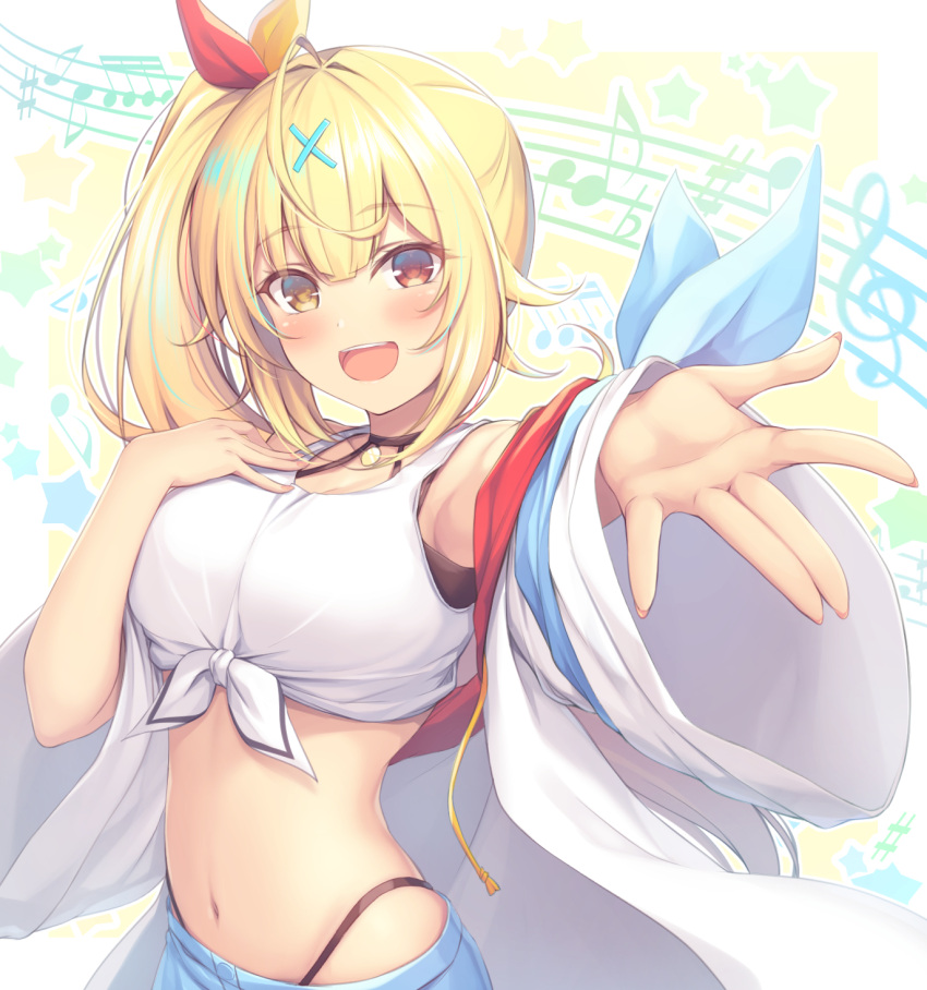 1girl bare_shoulders beamed_sixteenth_notes blonde_hair blush breasts commentary cowboy_shot crop_top eighth_note flat_sign hair_ornament hand_on_own_chest heterochromia highres hoshikawa_sara large_breasts long_hair looking_at_viewer music musical_note mutsuba_fumi navel nijisanji open_mouth outstretched_hand panty_straps quarter_note red_eyes sharp_sign shirt short_shorts shorts side_ponytail simple_background singing smile solo staff_(music) star treble_clef virtual_youtuber white_shirt x_hair_ornament yellow_eyes