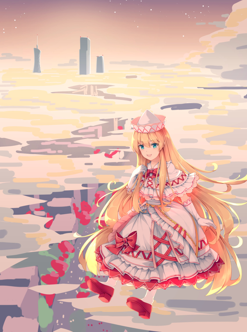 1girl above_clouds abstract_background aqua_eyes arm_up blonde_hair bow bowtie building cityscape clouds commentary_request dress elbow_gloves embellished_costume eyebrows_visible_through_hair floating gloves hair_between_eyes hand_in_hair highres layered_dress lily_white looking_at_viewer mechrailgun no_wings open_mouth outdoors pantyhose petticoat red_footwear red_neckwear sash sky skyscraper solo star_(sky) starry_sky touhou twilight white_dress white_gloves white_headwear white_legwear