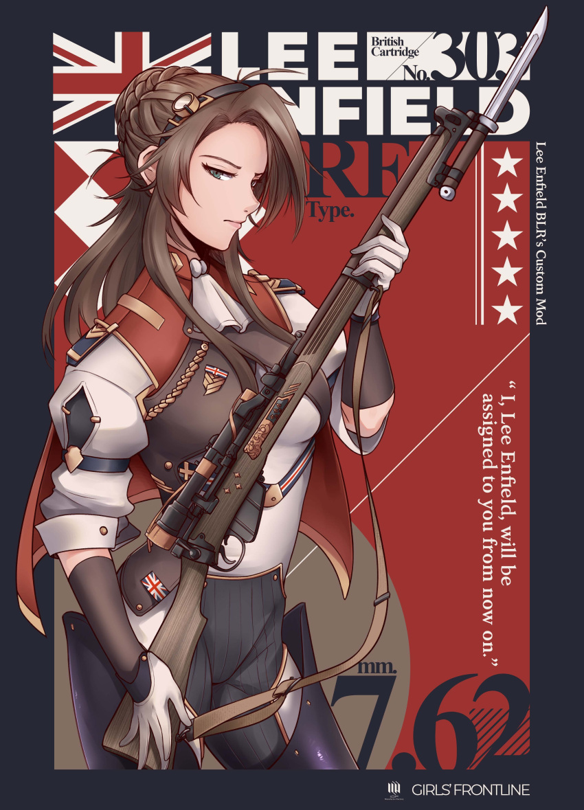 1girl absurdres bangs bayonet blueriest braid breasts brown_hair character_name closed_mouth copyright_name english_flag english_text girls_frontline gloves green_eyes gun hair_ornament highres holding holding_gun holding_weapon knife lee-enfield lee-enfield_(girls_frontline) lips long_hair looking_at_viewer military military_uniform rifle scope simple_background solo standing uniform upper_body weapon white_gloves