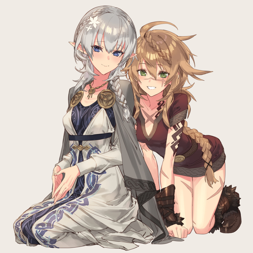 2girls all_fours blue_eyes boots bracer braid breasts brown_hair dress elf eyebrows_visible_through_hair fingers_together french_braid full_body fur_trim green_eyes grey_background hair_between_eyes head_tilt highres jewelry long_hair long_sleeves messy_hair multiple_girls necklace original own_hands_together pointy_ears scar short_dress sigm@ silver_hair simple_background small_breasts smile twin_braids