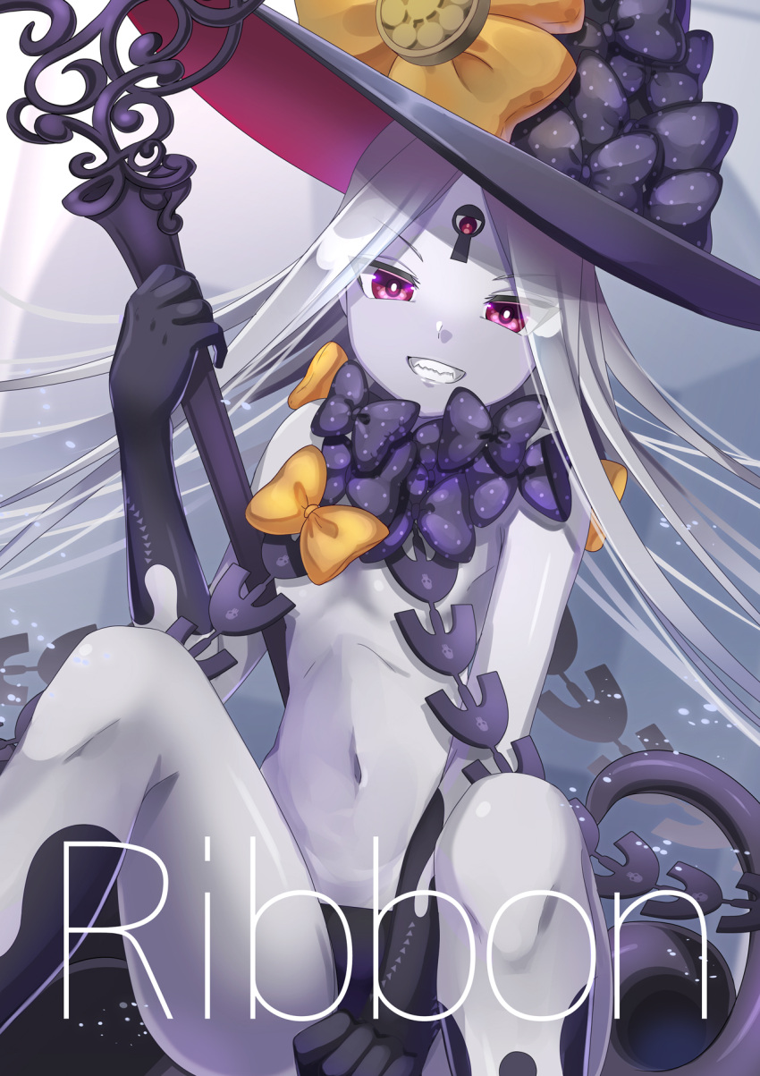 1girl abigail_williams_(fate/grand_order) bangs bare_shoulders black_bow black_headwear black_panties bow breasts fate/grand_order fate_(series) forehead grin hat highres key keyhole knees_up long_hair looking_at_viewer multiple_bows navel orange_bow panties parted_bangs pink_eyes polka_dot polka_dot_bow ryofuhiko sitting small_breasts smile solo staff third_eye underwear white_hair white_skin witch_hat