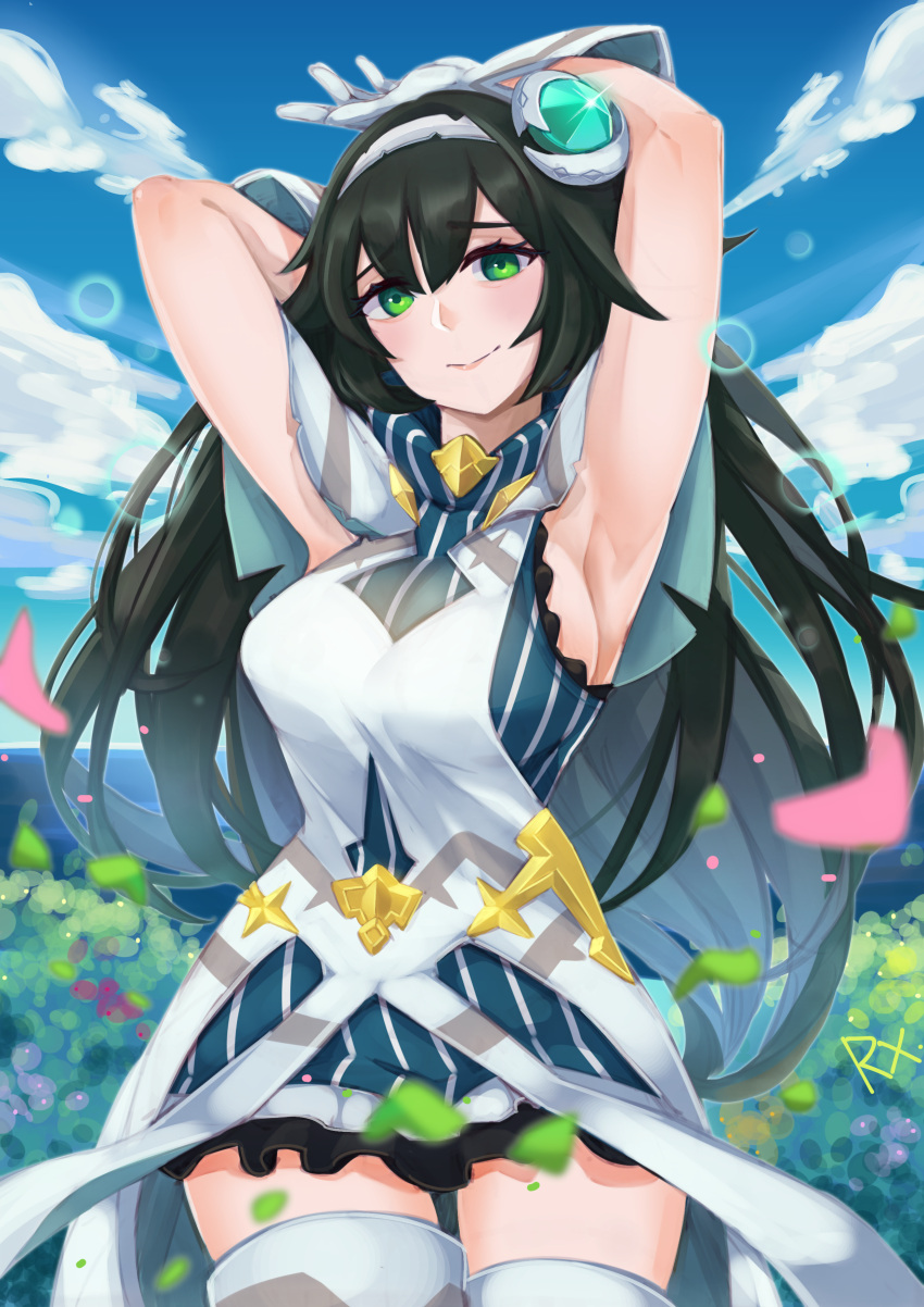 1girl absurdres angruoxin armpits arms_up black_hair blue_dress breasts clouds dress forest frilled_dress frills gloves green_eyes hair_between_eyes hair_ornament hairband highres large_breasts long_hair nature ocean philia_(world_flipper) sideboob sky smile striped striped_dress thigh-highs white_gloves world_flipper