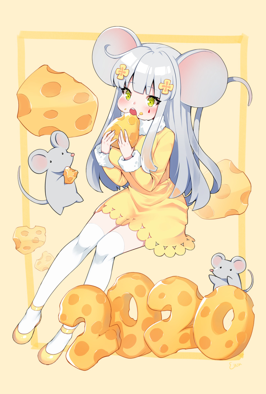 1girl 2020 animal_ears ankkoyom cheese commentary_request dress eating food full_body fur_trim girls_frontline hair_ornament hairclip highres hk416_(girls_frontline) long_hair mouse mouse_ears mouse_tail open_mouth shoes short_dress silver_hair tail thigh-highs white_legwear yellow_dress yellow_eyes yellow_footwear