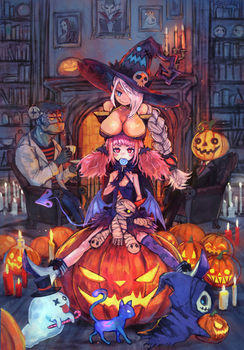 2boys 2girls absurdres animal_print bare_shoulders bat_print blue_eyes blush blush_stickers book bookshelf braid breast_rest breasts candelabra candle candy cat chair closed_mouth cup demon_tail demon_wings eating fire fireplace food formal ghost hair_over_one_eye halloween hat highres holding holding_cup holding_jack-o'-lantern holding_lollipop horns huge_filesize jack-o'-lantern large_hat lollipop long_hair mini_wings mismatched_legwear multiple_boys multiple_girls mummy original photo_(object) pink_eyes pink_hair pumpkin purple_legwear sabamisob sitting standing suit tail teacup tongue tongue_out twintails white_hair wings witch witch_hat yellow_eyes