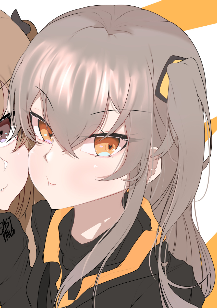 2girls absurdres brown_hair cheek-to-cheek closed_mouth commentary_request eyebrows_visible_through_hair girls_frontline green_hair hair_between_eyes heart heart-shaped_pupils highres long_hair looking_at_viewer multiple_girls one_side_up raccoonium solo_focus symbol-shaped_pupils ump45_(girls_frontline) ump9_(girls_frontline) yellow_eyes